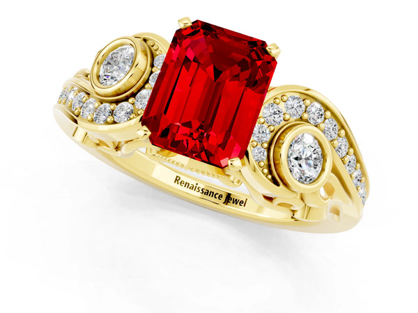 Yellow gold Emerald Cut Ruby Solitaire Ring with Milgrain Pavé Band and Four-Prong Setting