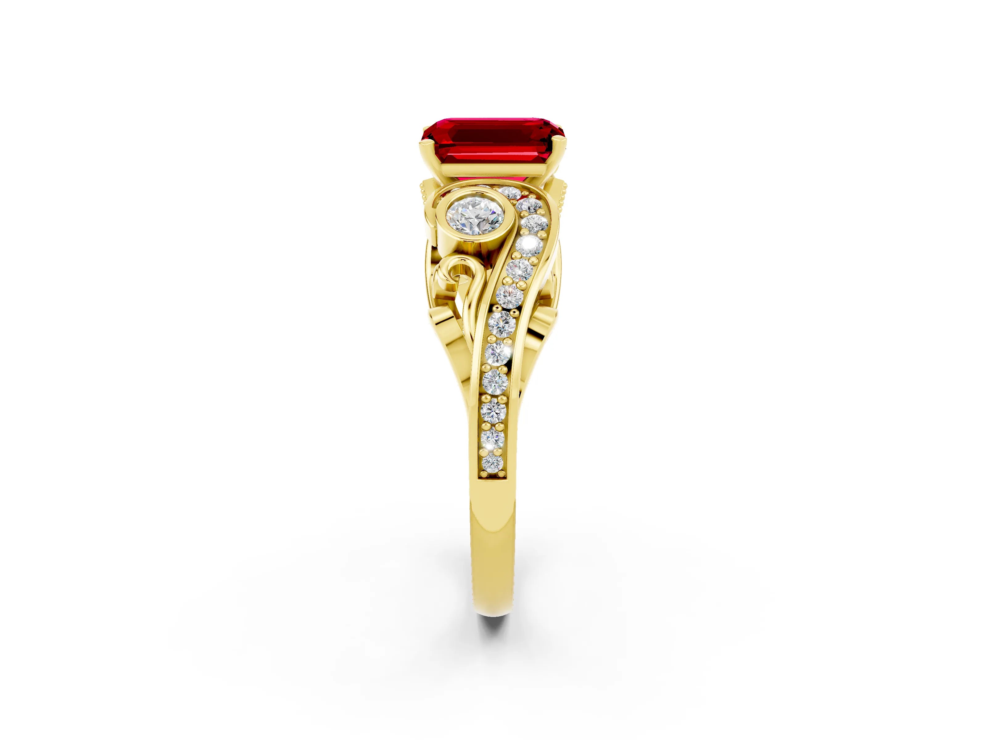 Yellow gold Emerald Cut Ruby Solitaire Ring with Milgrain Pavé Band and Four-Prong Setting_26