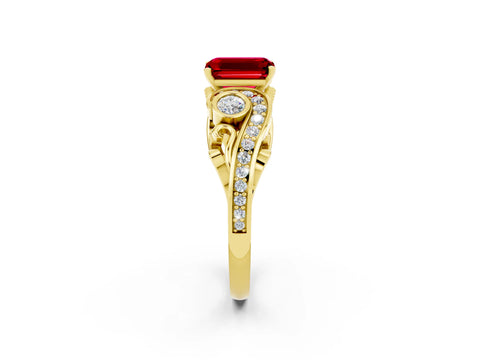 Yellow gold Emerald Cut Ruby Solitaire Ring with Milgrain Pavé Band and Four-Prong Setting_26