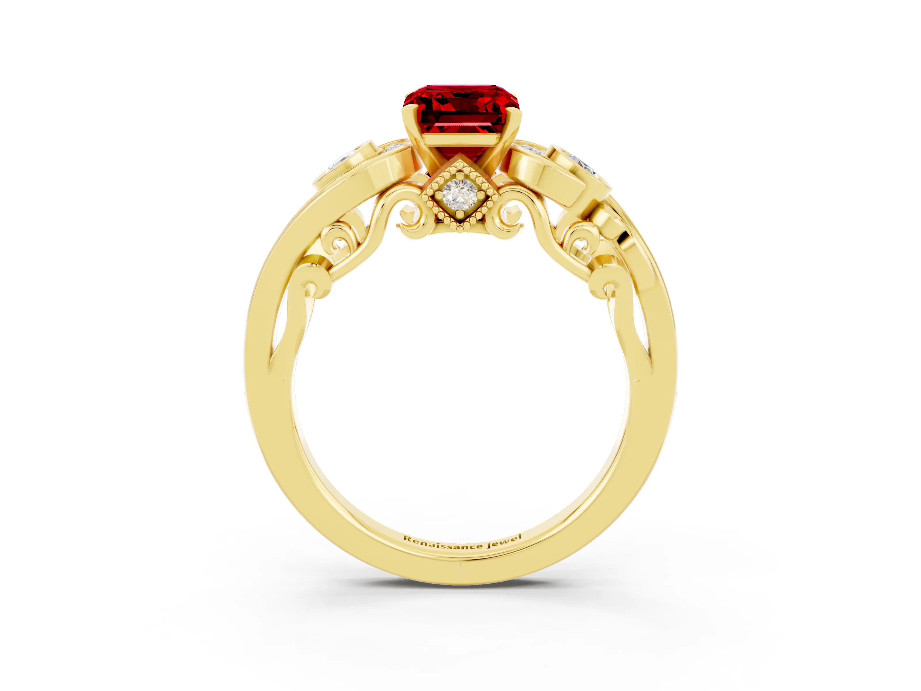 Yellow gold Emerald Cut Ruby Solitaire Ring with Milgrain Pavé Band and Four-Prong Setting_27