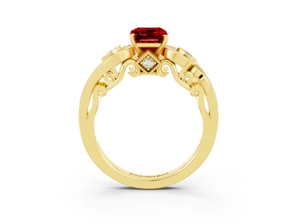 Yellow gold Emerald Cut Ruby Solitaire Ring with Milgrain Pavé Band and Four-Prong Setting