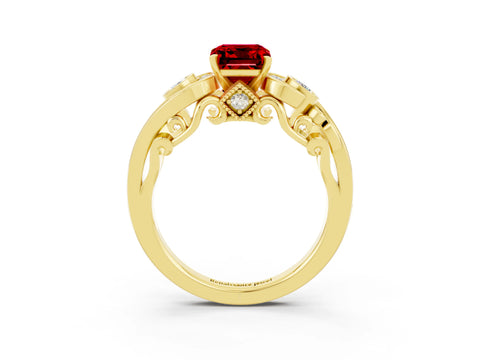 Yellow gold Emerald Cut Ruby Solitaire Ring with Milgrain Pavé Band and Four-Prong Setting_27