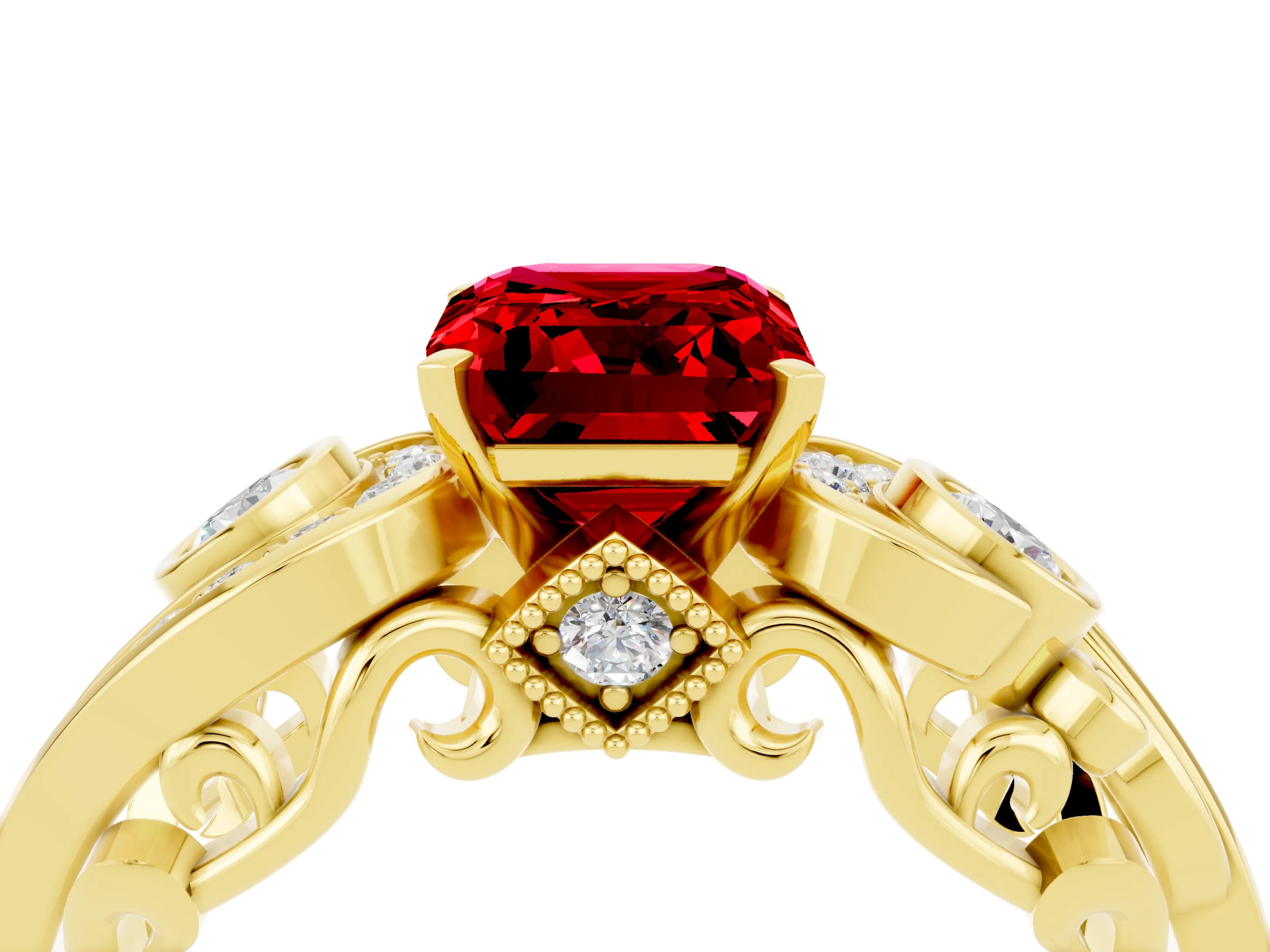 Yellow gold Emerald Cut Ruby Solitaire Ring with Milgrain Pavé Band and Four-Prong Setting_28