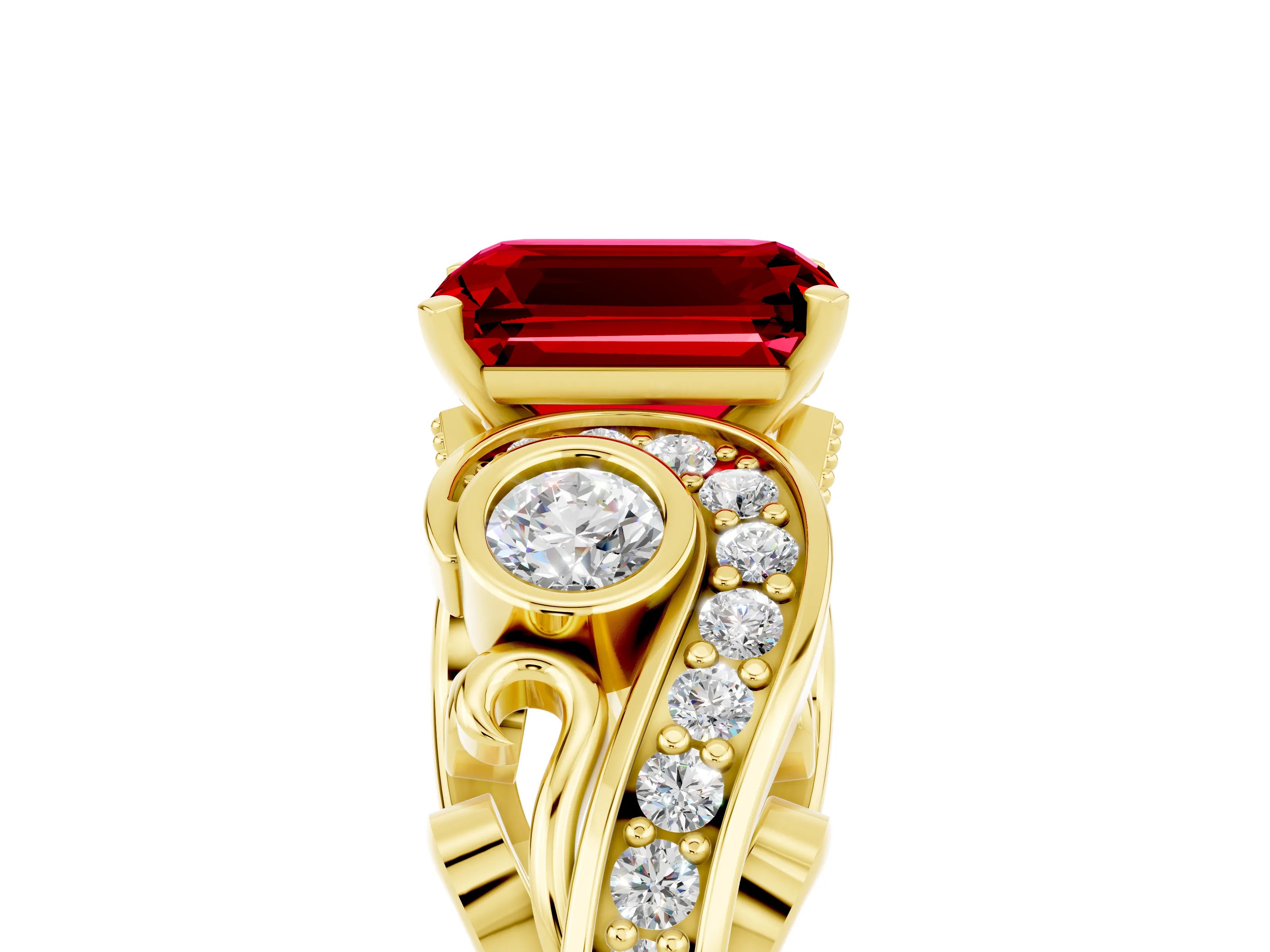 Yellow gold Emerald Cut Ruby Solitaire Ring with Milgrain Pavé Band and Four-Prong Setting_29