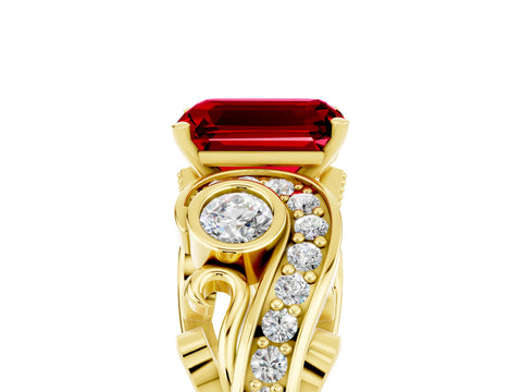 Yellow gold Emerald Cut Ruby Solitaire Ring with Milgrain Pavé Band and Four-Prong Setting_29