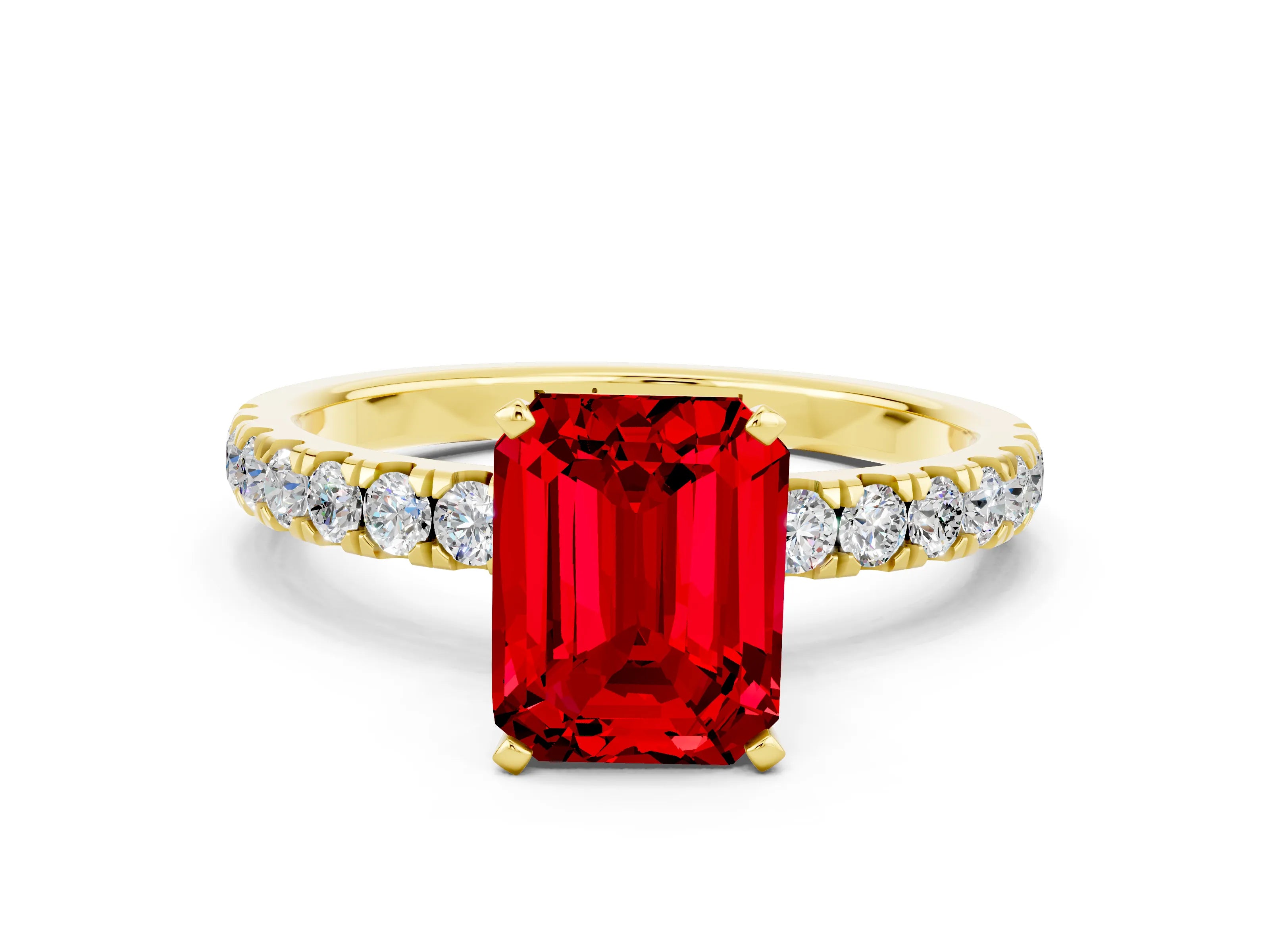 Yellow gold Emerald Cut Ruby Solitaire Ring with Pavé Accents and Four-Prong Setting