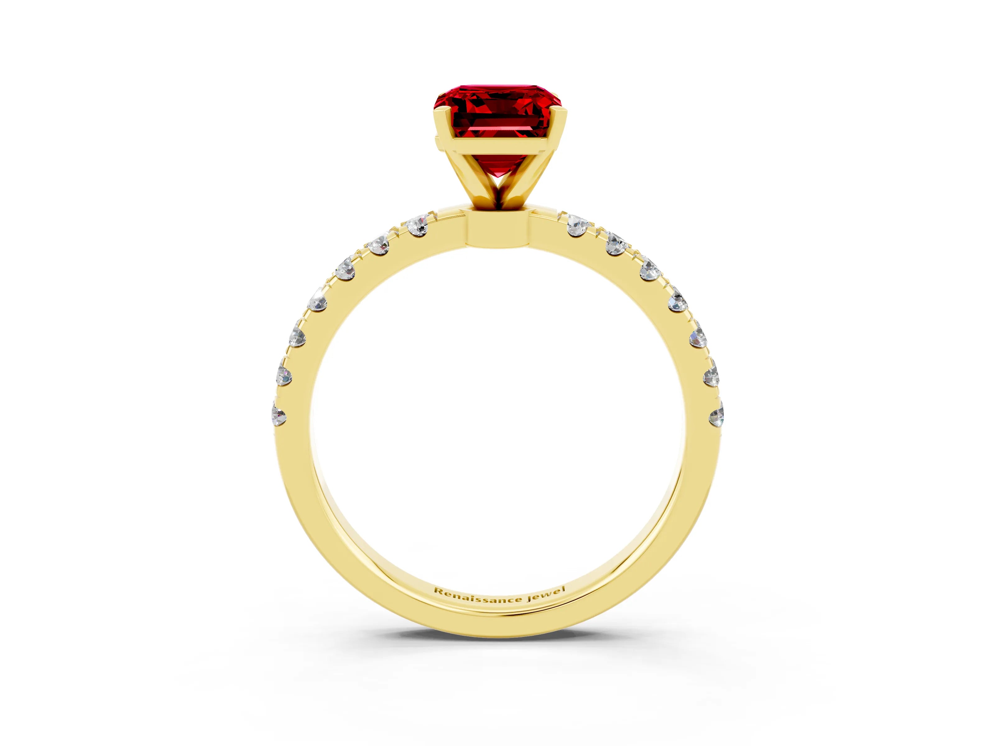 Yellow gold Emerald Cut Ruby Solitaire Ring with Pavé Accents and Four-Prong Setting_3