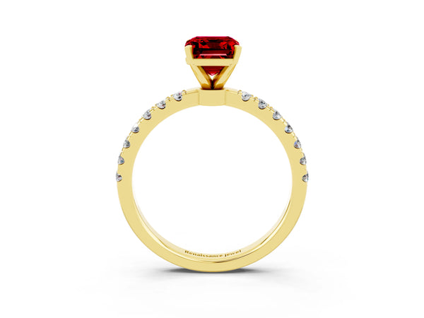 Yellow gold Emerald Cut Ruby Solitaire Ring with Pavé Accents and Four-Prong Setting