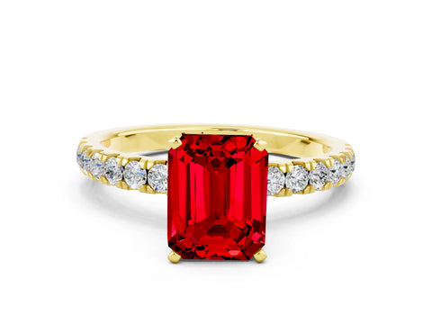 Yellow gold Emerald Cut Ruby Solitaire Ring with Pavé Accents and Four-Prong Setting