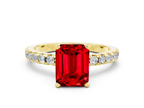 Yellow gold Emerald Cut Ruby Solitaire Ring with Pavé Band and Four-Prong Setting_24