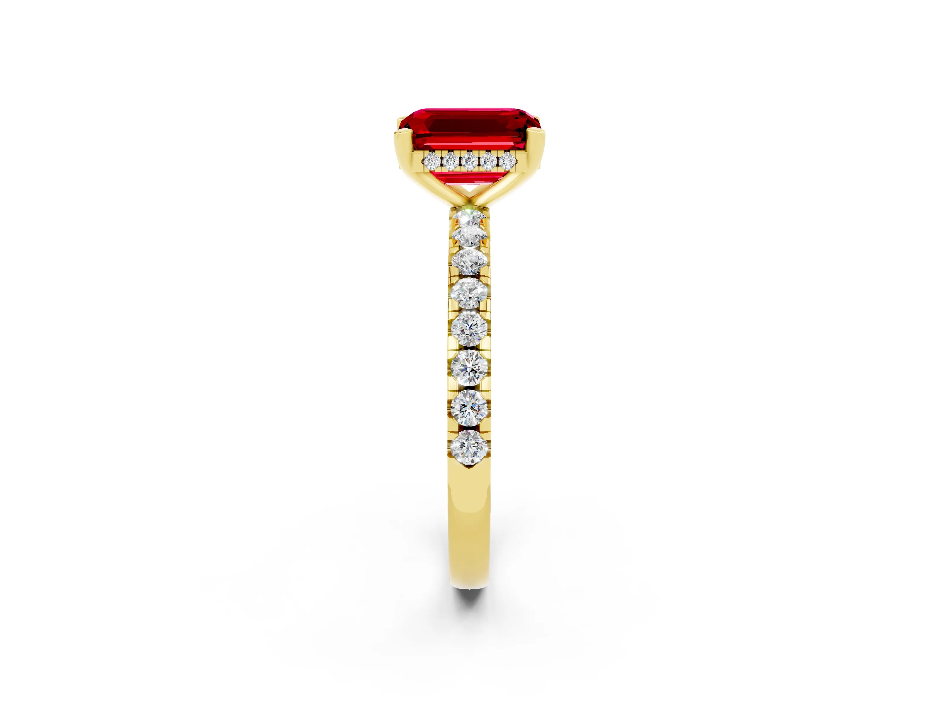 Yellow gold Emerald Cut Ruby Solitaire Ring with Pavé Band and Four-Prong Setting_26
