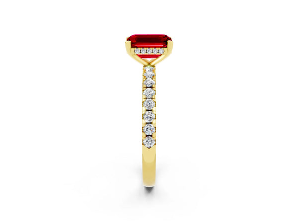 Yellow gold Emerald Cut Ruby Solitaire Ring with Round  Pavé Band and Four-Prong Setting
