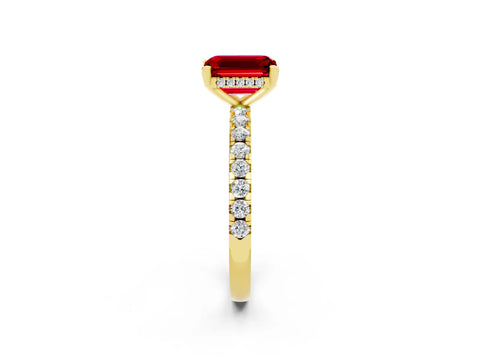 Yellow gold Emerald Cut Ruby Solitaire Ring with Pavé Band and Four-Prong Setting_26