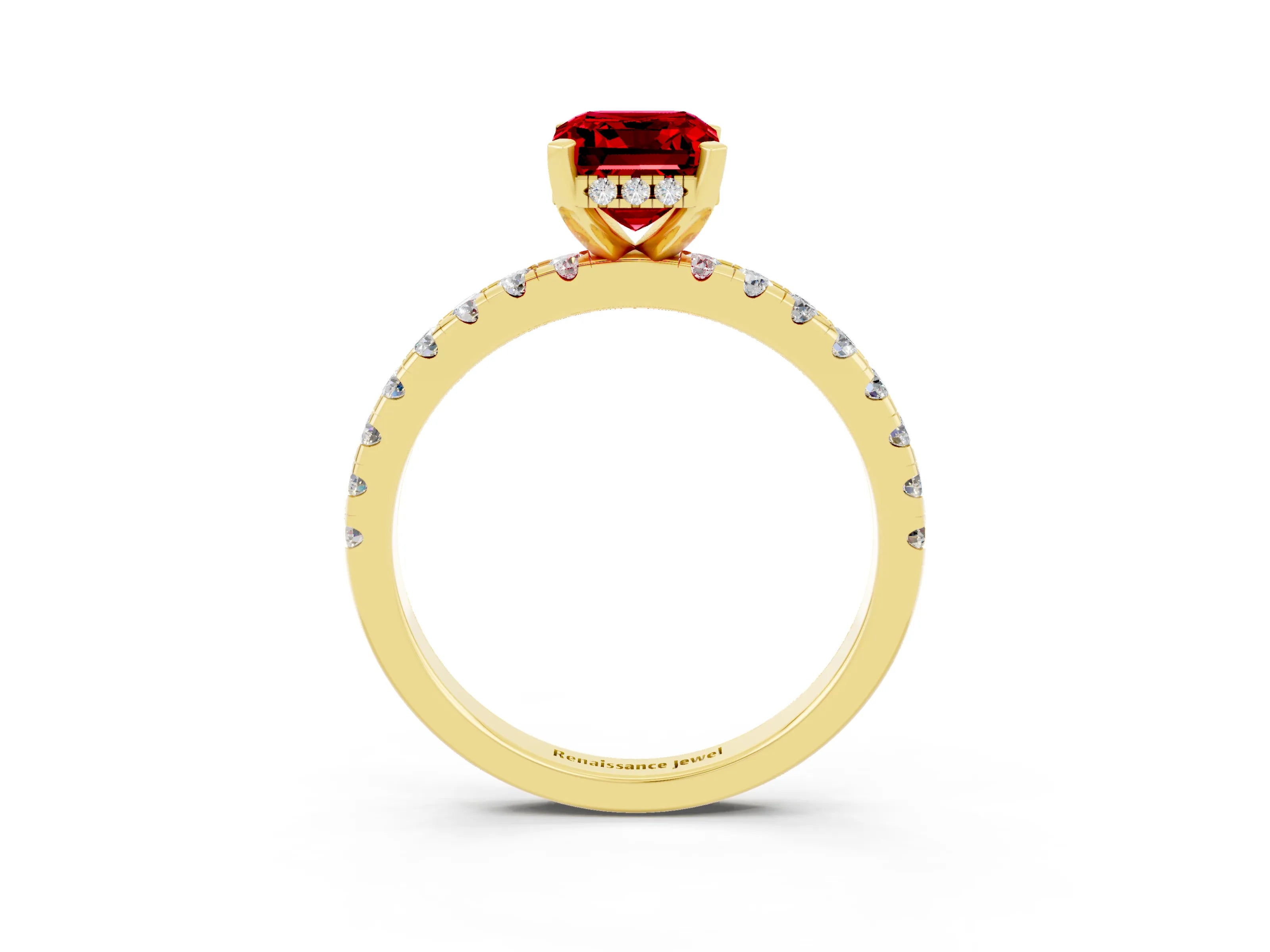 Yellow gold Emerald Cut Ruby Solitaire Ring with Pavé Band and Four-Prong Setting_27