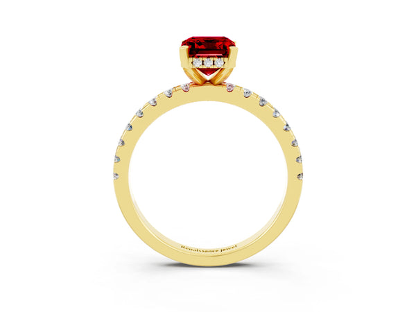 Yellow gold Emerald Cut Ruby Solitaire Ring with Round  Pavé Band and Four-Prong Setting
