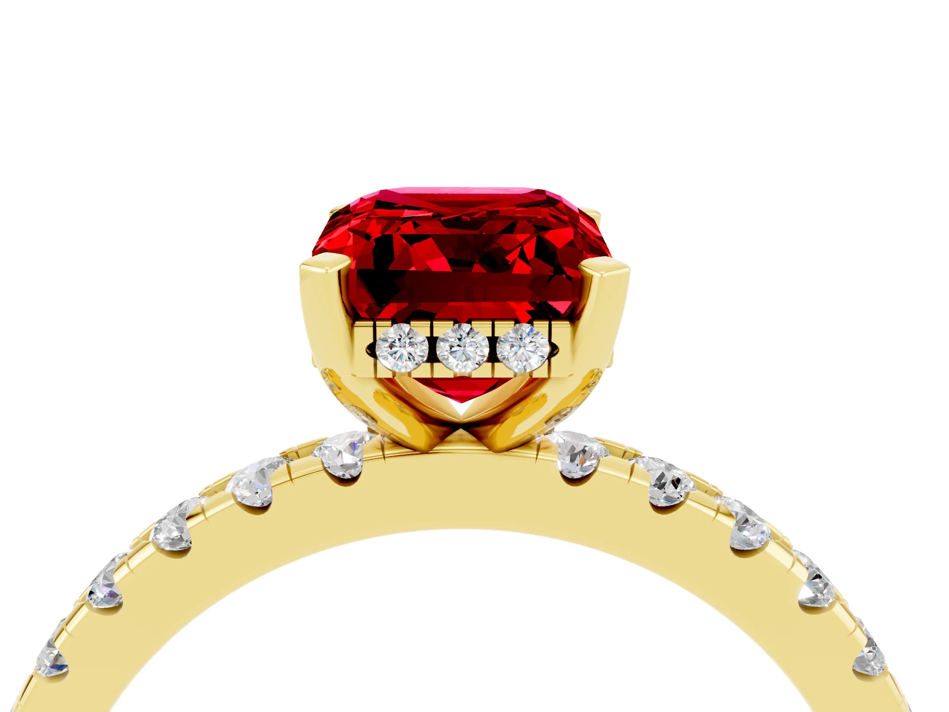 Yellow gold Emerald Cut Ruby Solitaire Ring with Pavé Band and Four-Prong Setting_28