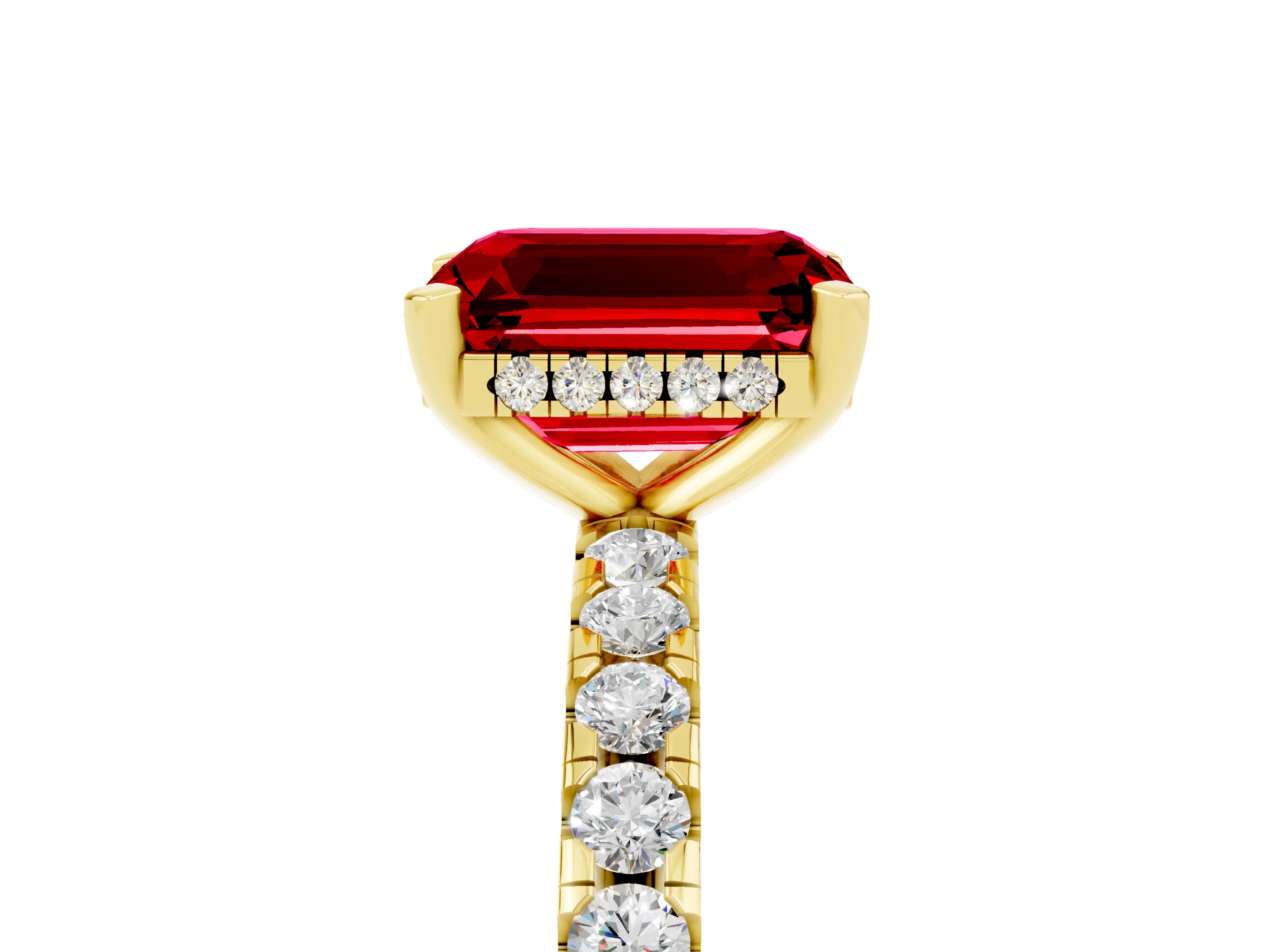 Yellow gold Emerald Cut Ruby Solitaire Ring with Pavé Band and Four-Prong Setting_29