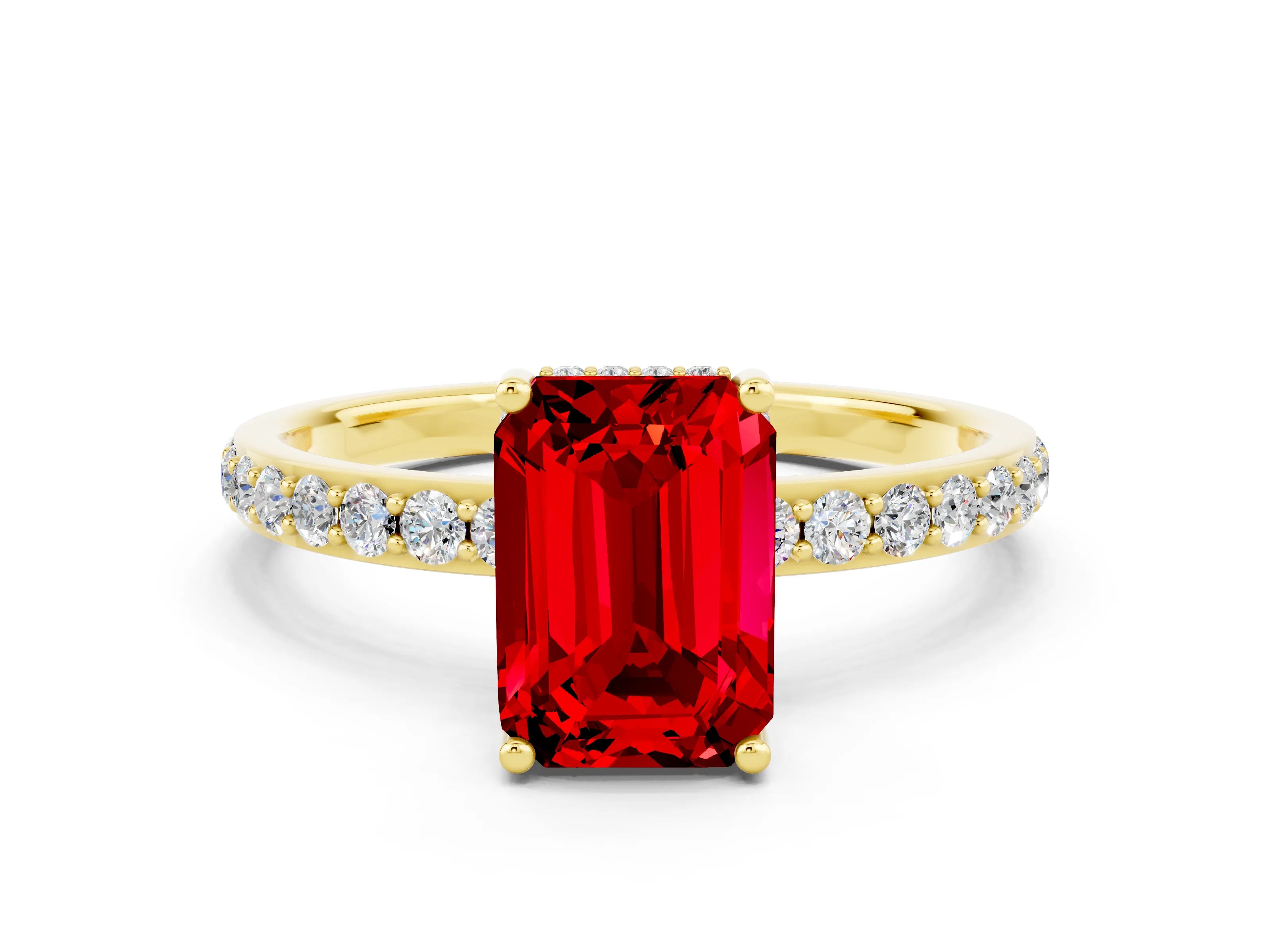 Yellow gold Emerald Cut Ruby Solitaire Ring with Pavé Band and Hidden Halo_12