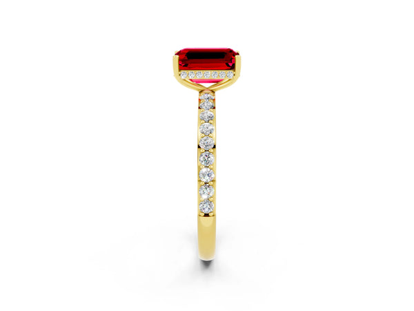 Yellow gold Emerald Cut Ruby Solitaire Ring with Pavé Band and Hidden Halo