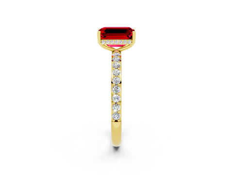 Yellow gold Emerald Cut Ruby Solitaire Ring with Pavé Band and Hidden Halo_14