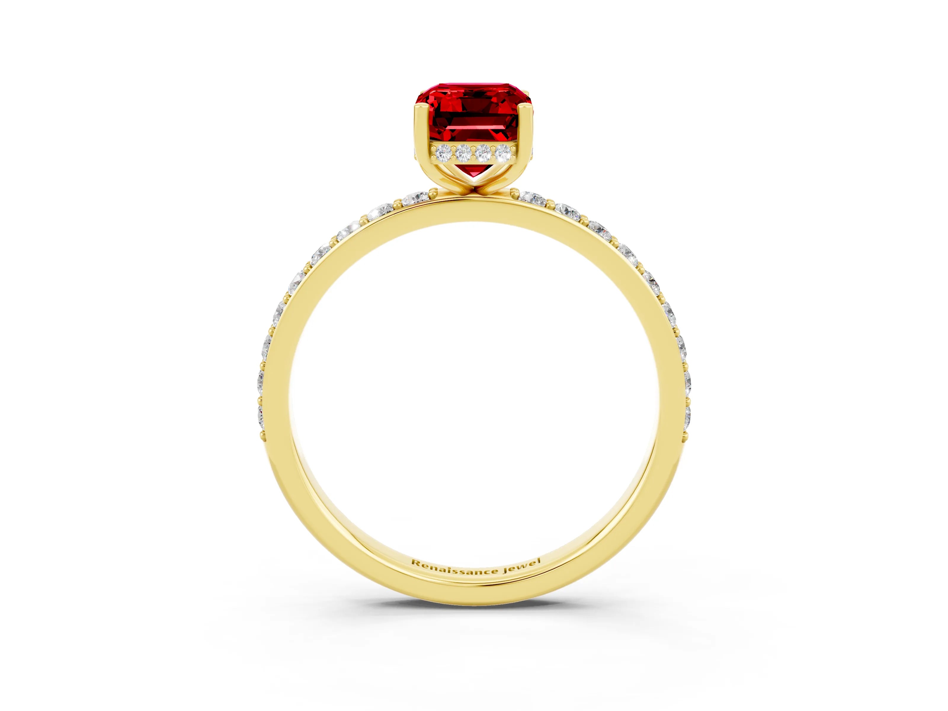 Yellow gold Emerald Cut Ruby Solitaire Ring with Pavé Band and Hidden Halo_15