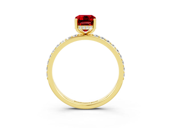 Yellow gold Emerald Cut Ruby Solitaire Ring with Pavé Band and Hidden Halo
