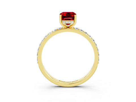 Yellow gold Emerald Cut Ruby Solitaire Ring with Pavé Band and Hidden Halo_15