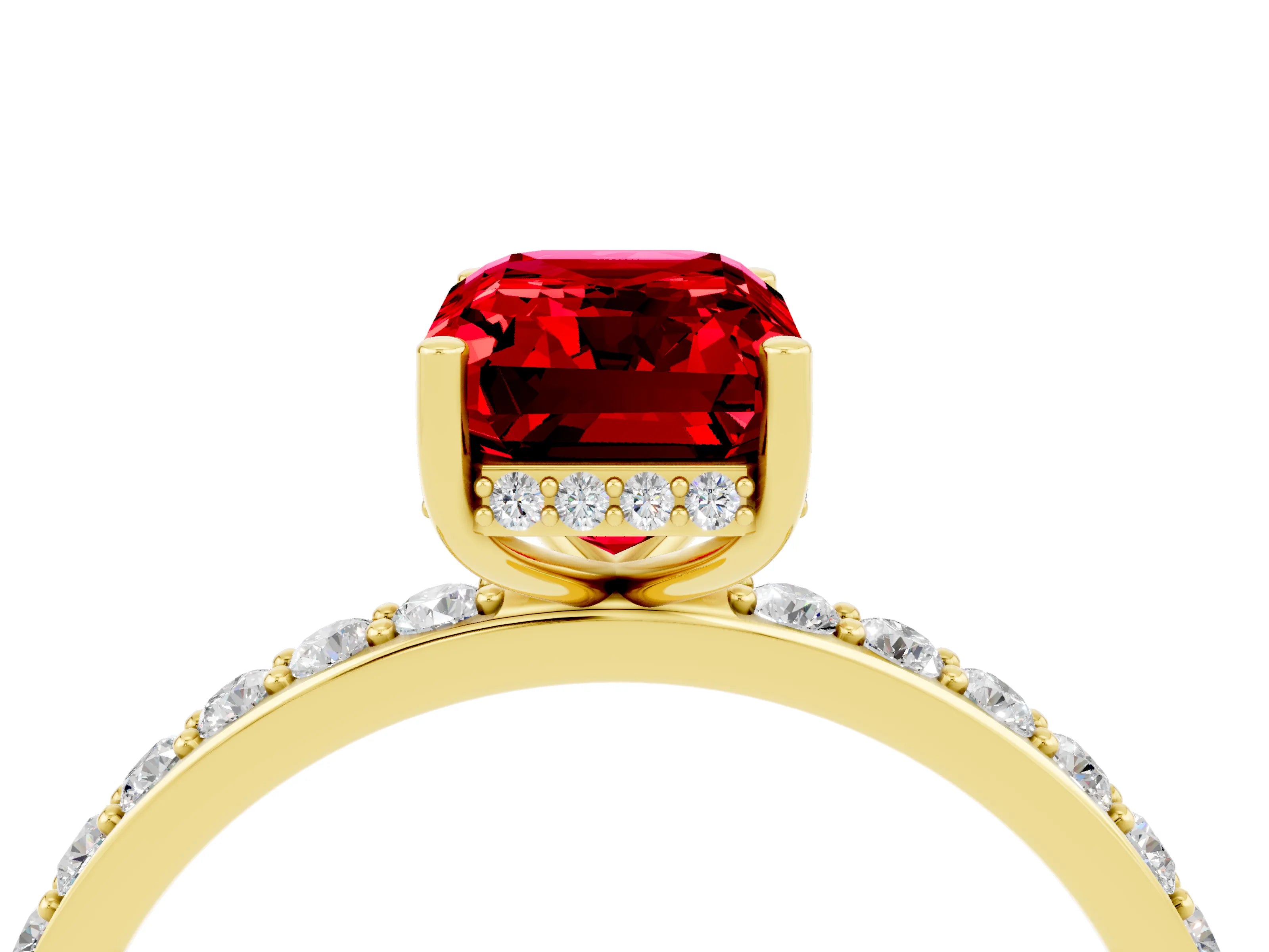 Yellow gold Emerald Cut Ruby Solitaire Ring with Pavé Band and Hidden Halo_16