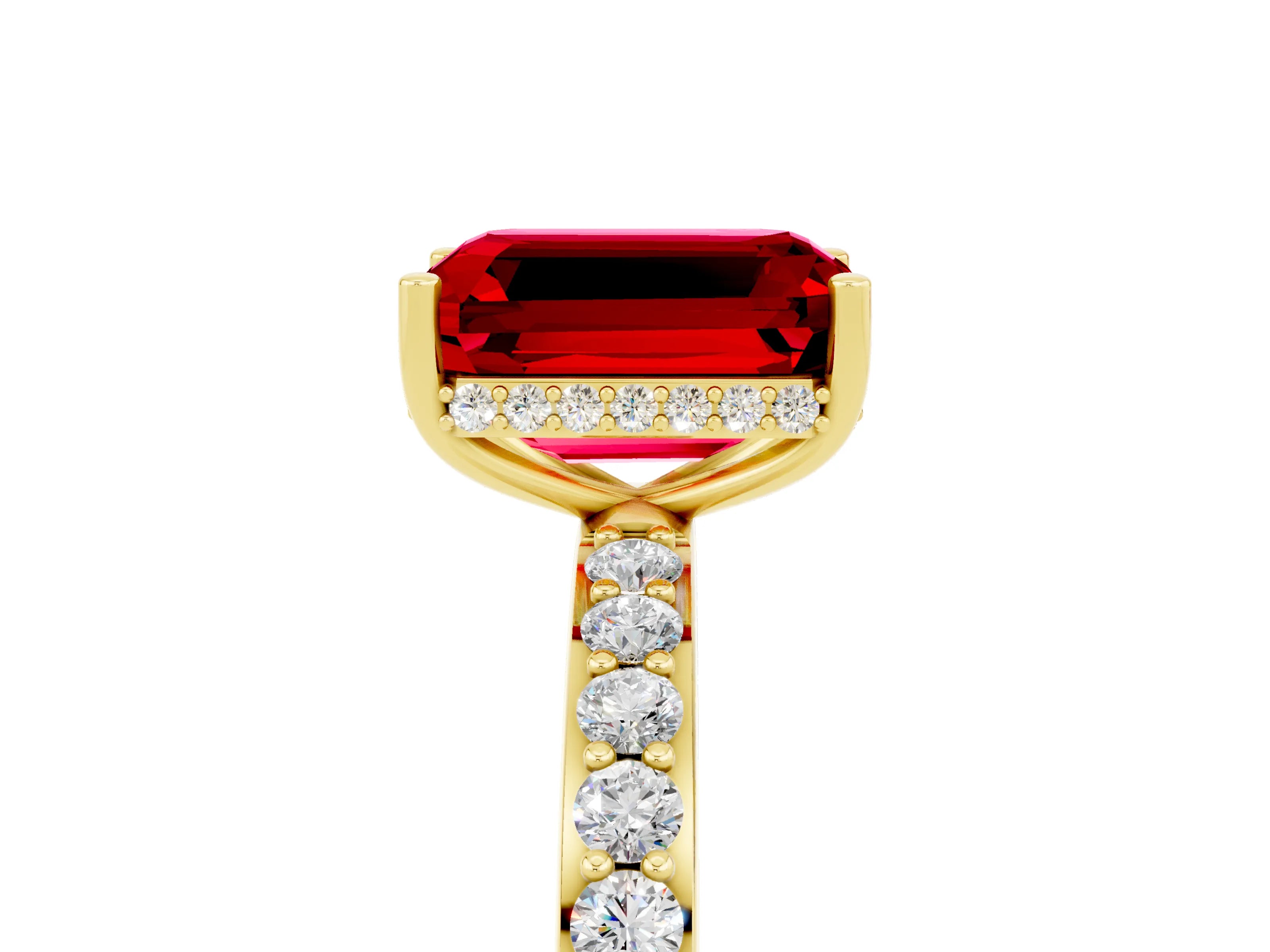 Yellow gold Emerald Cut Ruby Solitaire Ring with Pavé Band and Hidden Halo_17