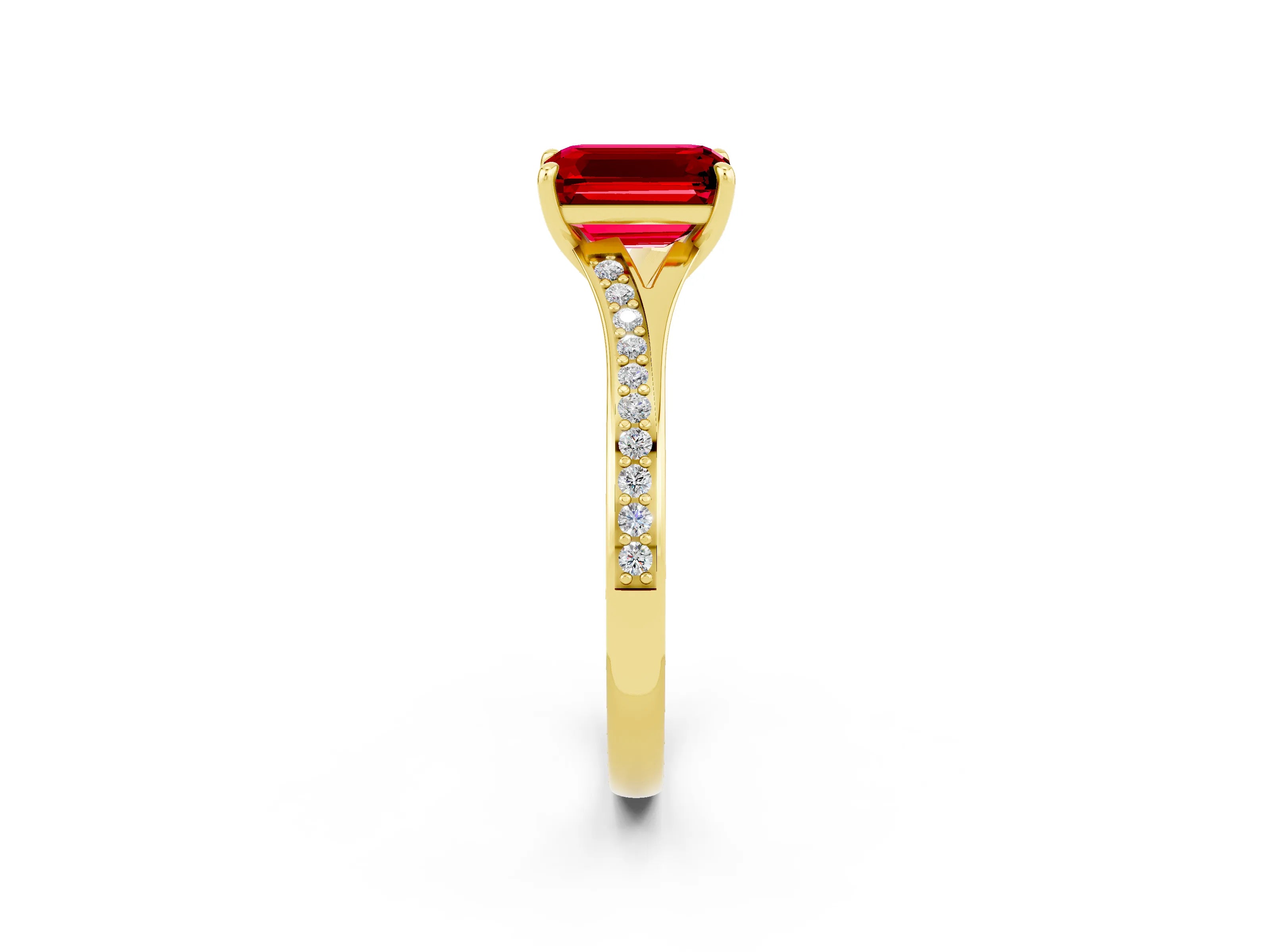 Yellow gold Emerald Cut Ruby Solitaire Ring with Pavé Band and Prong Setting_2