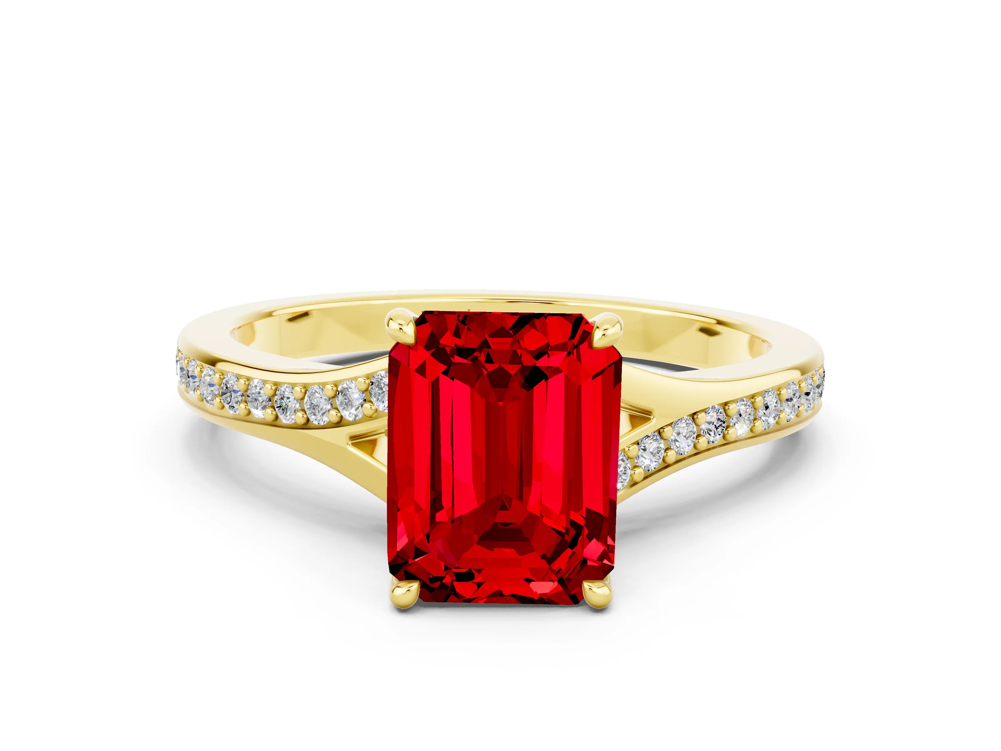 Yellow gold Emerald Cut Ruby Solitaire Ring with Pavé Band and Prong Setting_24