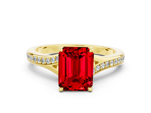 Yellow gold Emerald Cut Ruby Solitaire Ring with Pavé Band and Prong Setting_24
