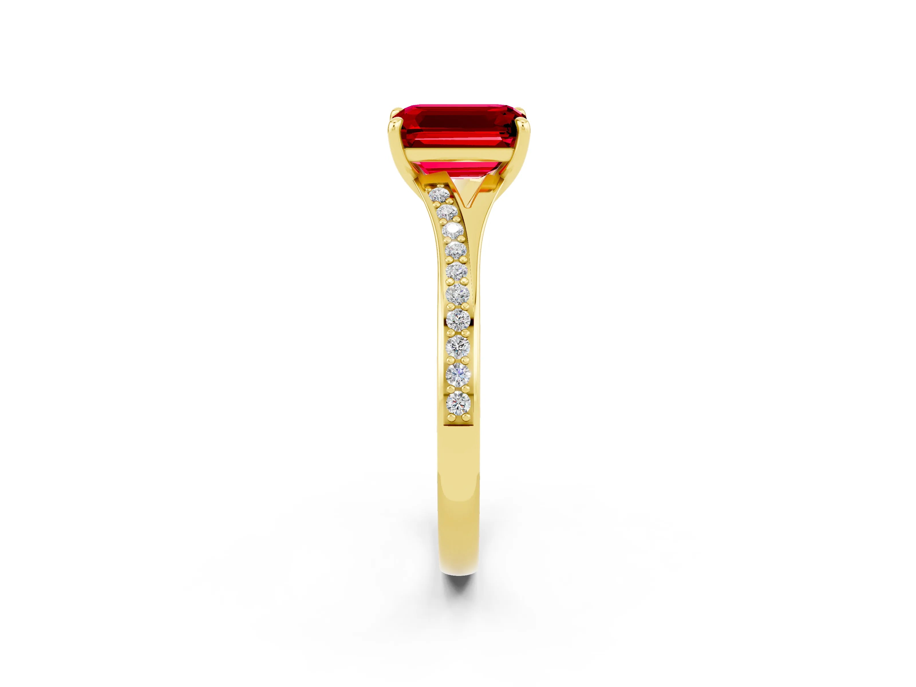 Yellow gold Emerald Cut Ruby Solitaire Ring with Pavé Band and Prong Setting_26