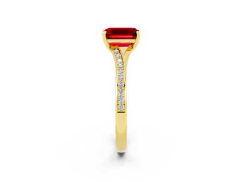 Yellow gold Emerald Cut Ruby Solitaire Ring with Pavé Band and Prong Setting_26