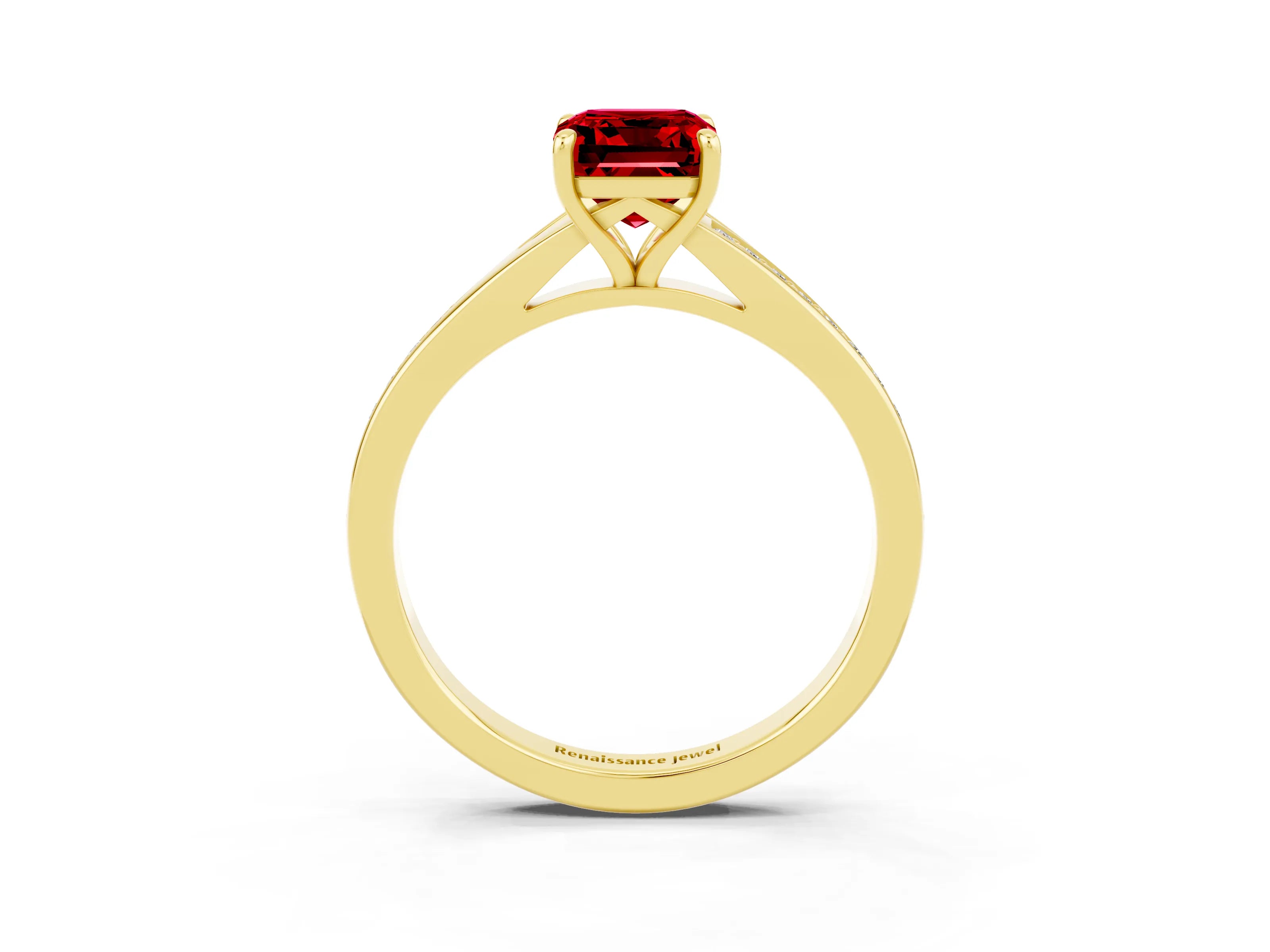 Yellow gold Emerald Cut Ruby Solitaire Ring with Pavé Band and Prong Setting_27