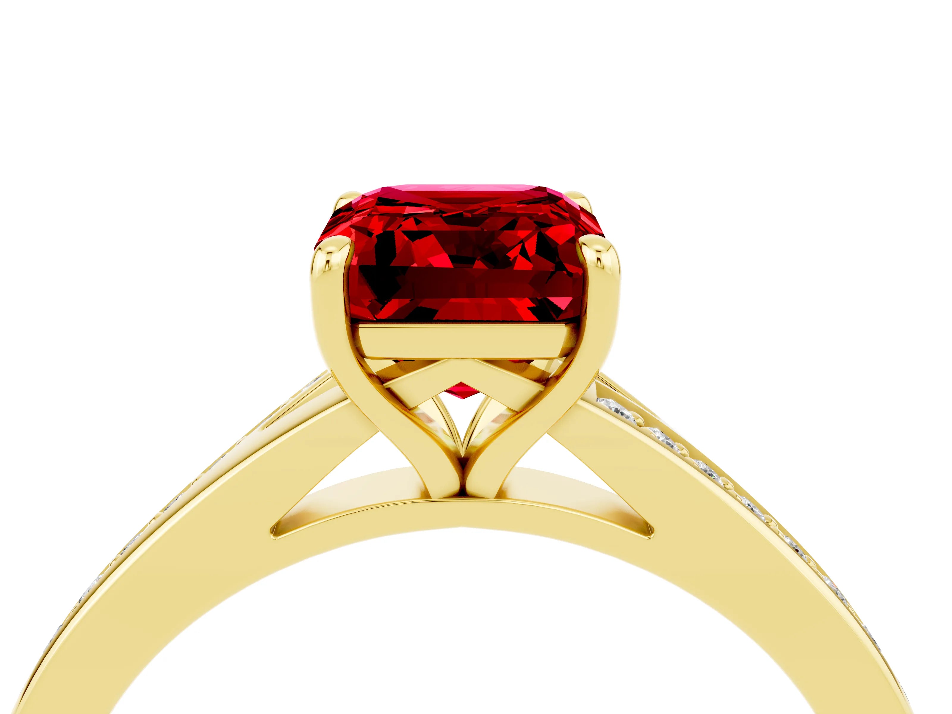 Yellow gold Emerald Cut Ruby Solitaire Ring with Pavé Band and Prong Setting_28