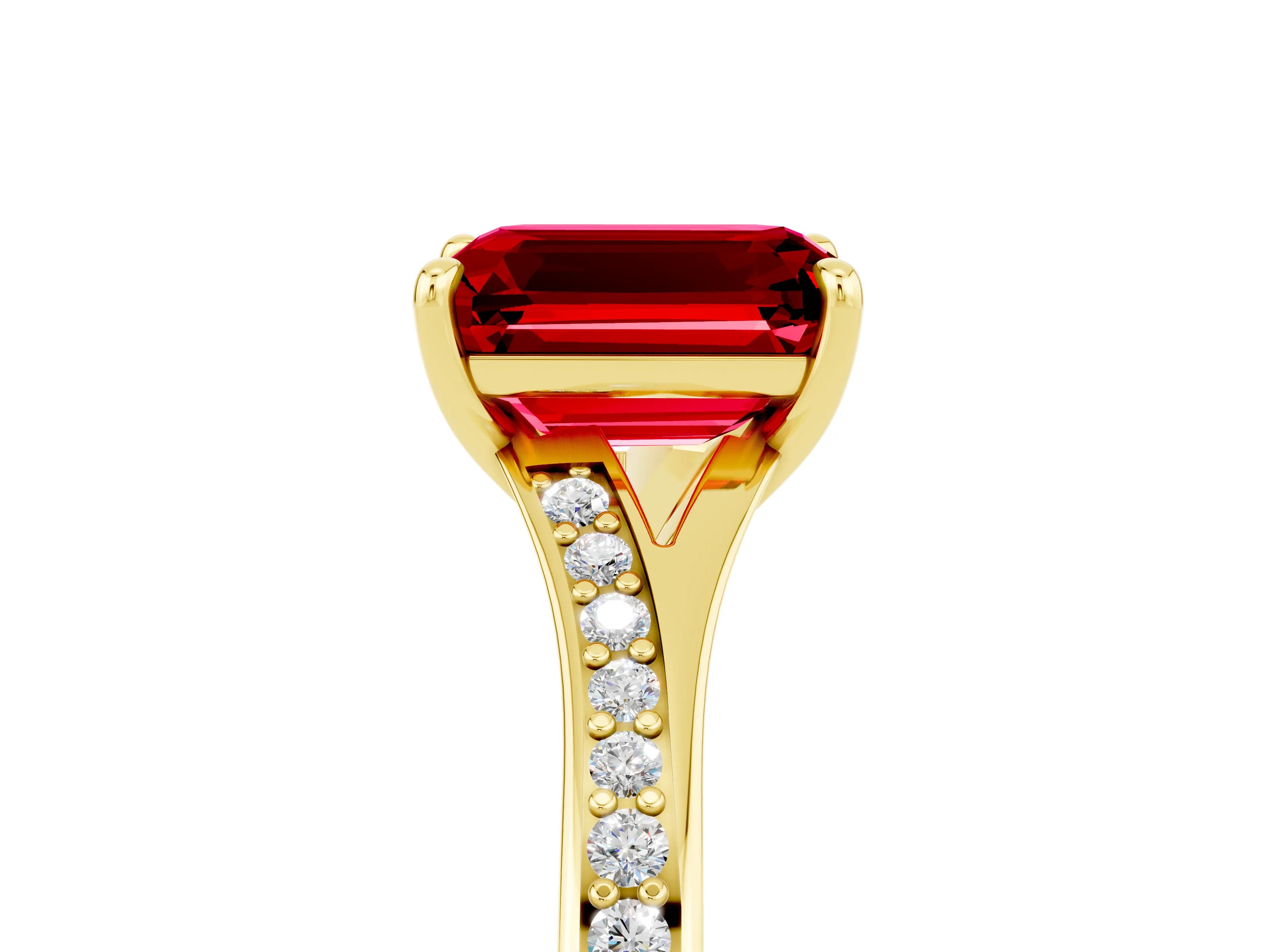 Yellow gold Emerald Cut Ruby Solitaire Ring with Pavé Band and Prong Setting_29