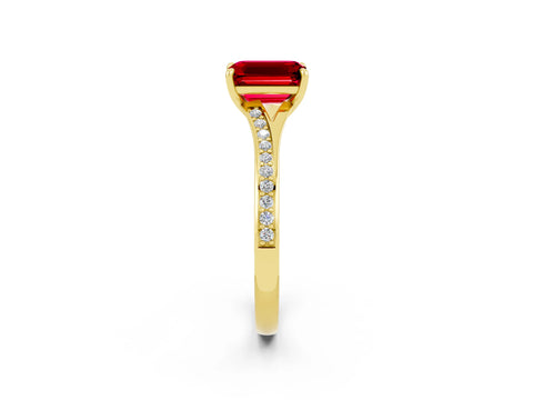Yellow gold Emerald Cut Ruby Solitaire Ring with Pavé Band and Prong Setting_2