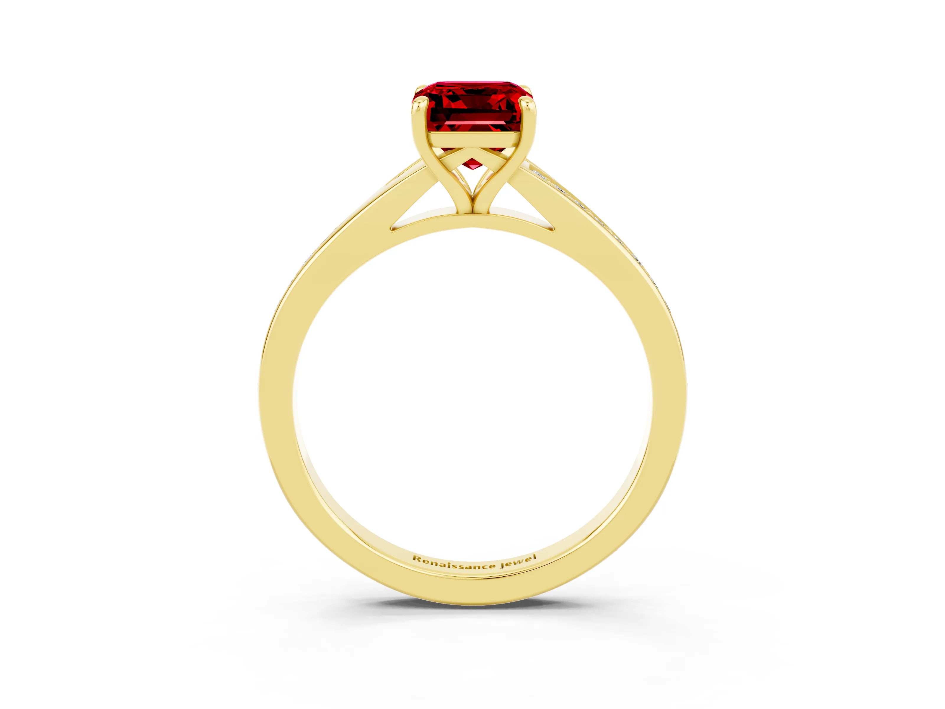 Yellow gold Emerald Cut Ruby Solitaire Ring with Pavé Band and Prong Setting_3