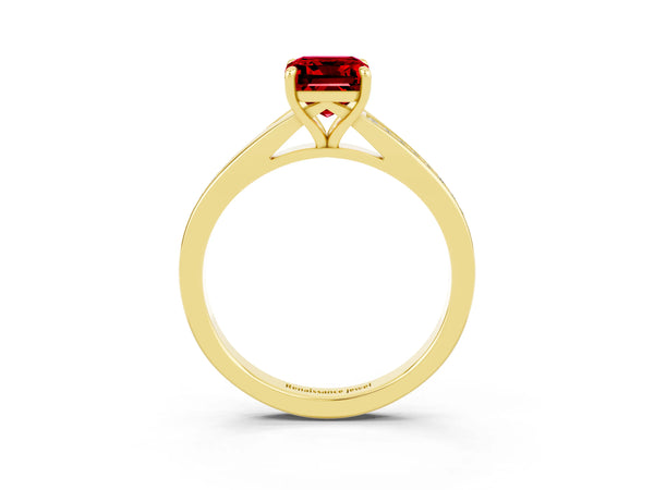 Yellow gold Emerald Cut Ruby Solitaire Ring with Pavé Band and Prong Setting