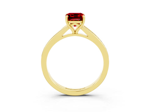 Yellow gold Emerald Cut Ruby Solitaire Ring with Pavé Band and Prong Setting_3