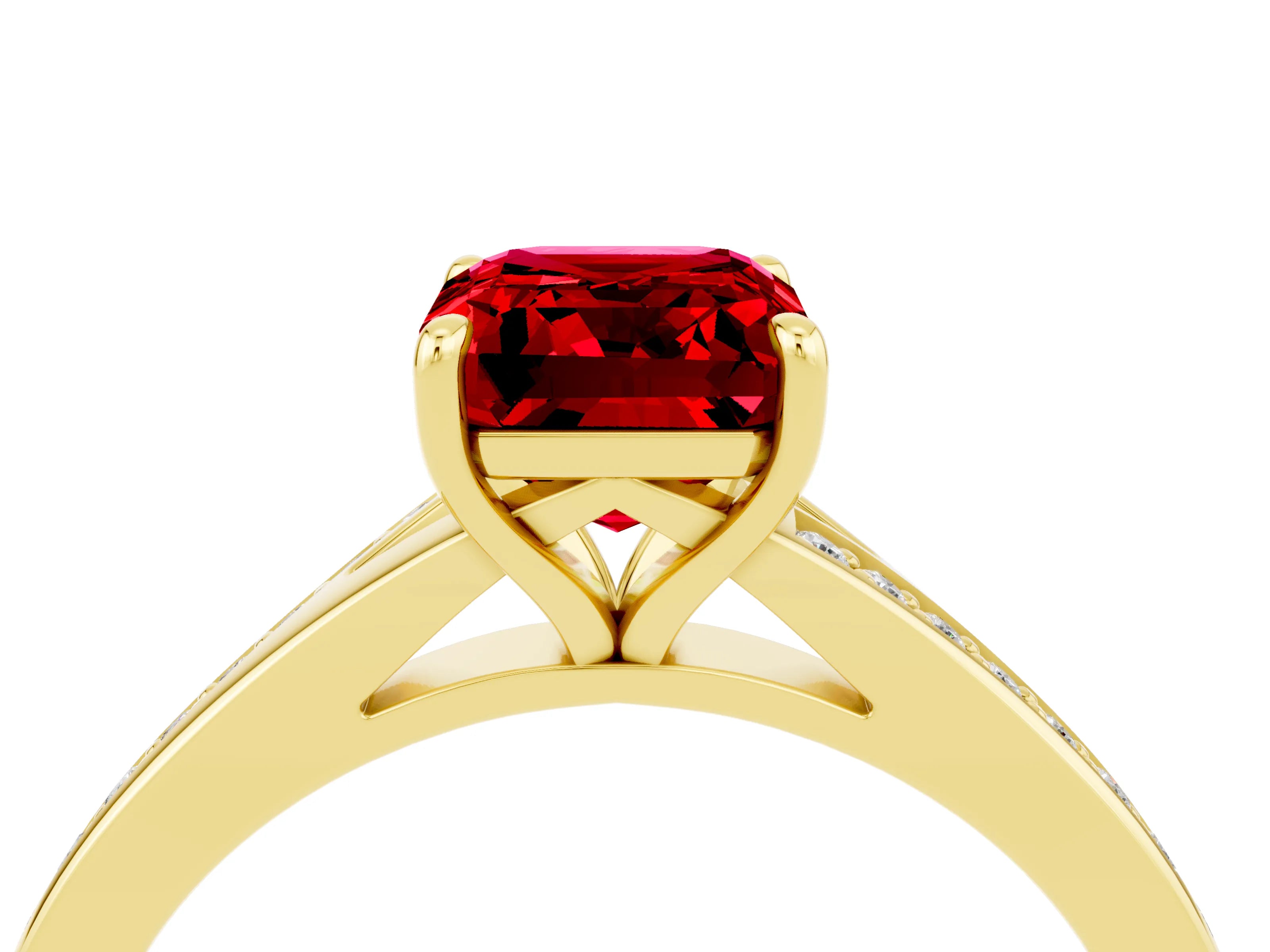 Yellow gold Emerald Cut Ruby Solitaire Ring with Pavé Band and Prong Setting_4