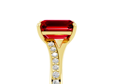 Yellow gold Emerald Cut Ruby Solitaire Ring with Pavé Band and Prong Setting_5
