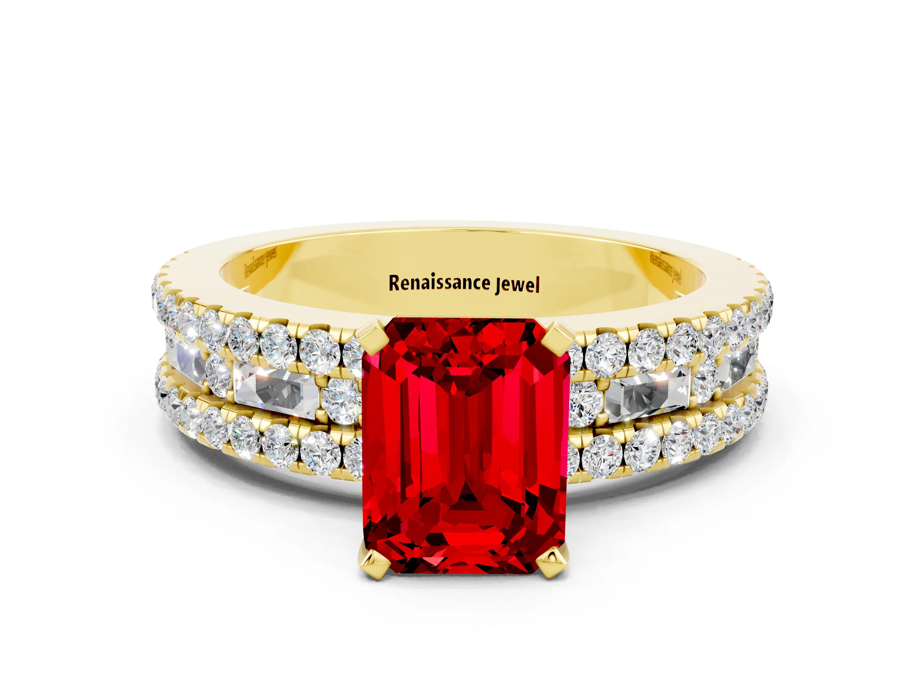 Yellow gold Emerald Cut Ruby Solitaire Ring with Pavé and Channel Set Band