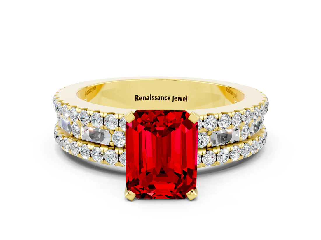 Yellow gold Emerald Cut Ruby Solitaire Ring with Pavé and Channel Set Band