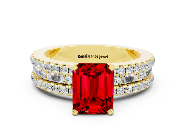 Yellow gold Emerald Cut Ruby Solitaire Ring with Pavé and Channel Set Band