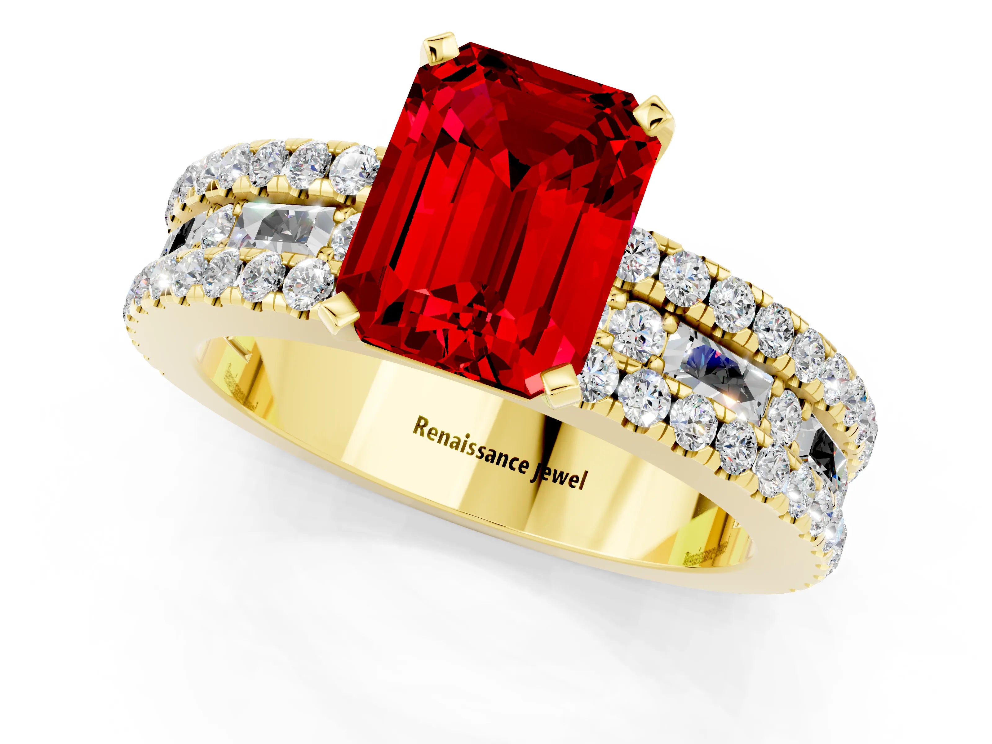 Yellow gold Emerald Cut Ruby Solitaire Ring with Pavé and Channel Set Band_1