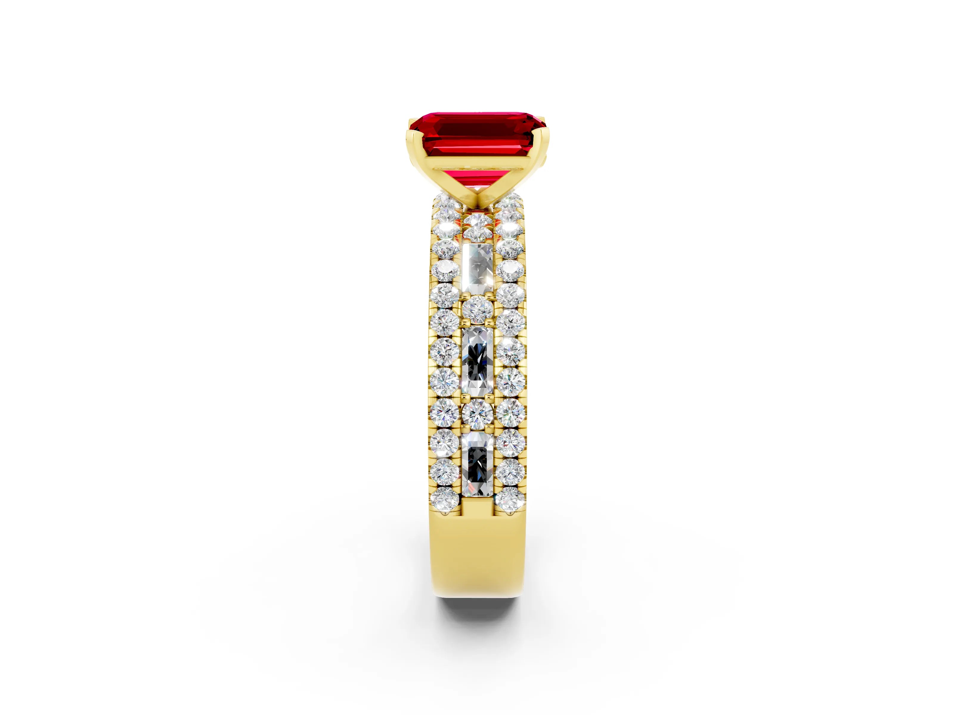 Yellow gold Emerald Cut Ruby Solitaire Ring with Pavé and Channel Set Band_2