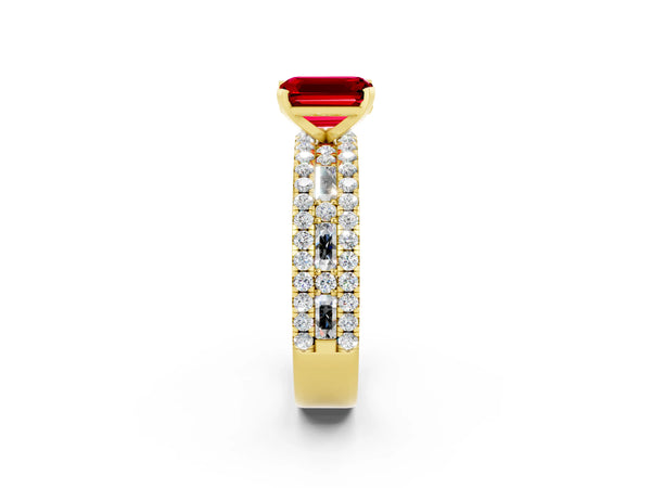 Yellow gold Emerald Cut Ruby Solitaire Ring with Pavé and Channel Set Band