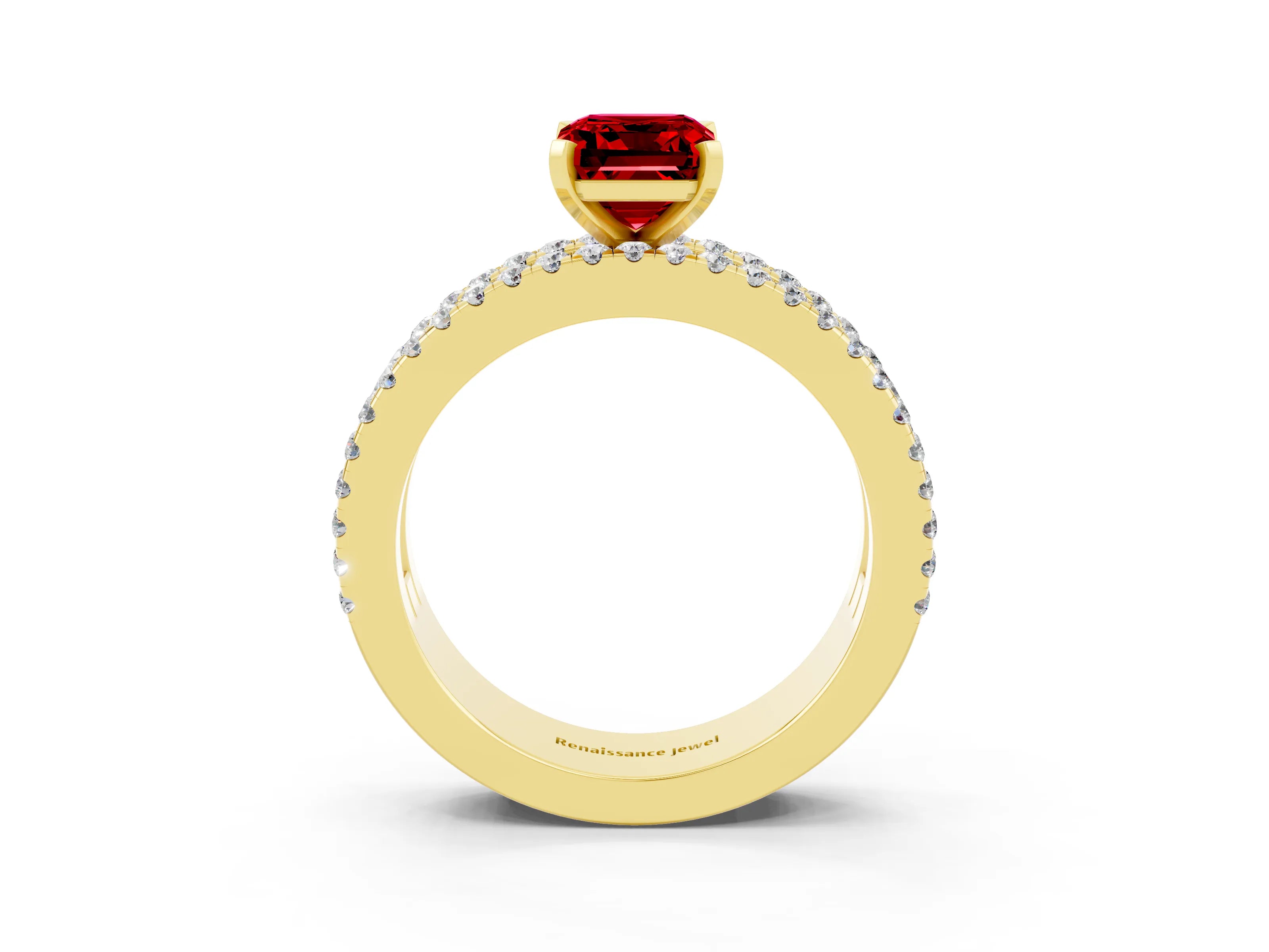 Yellow gold Emerald Cut Ruby Solitaire Ring with Pavé and Channel Set Band_3